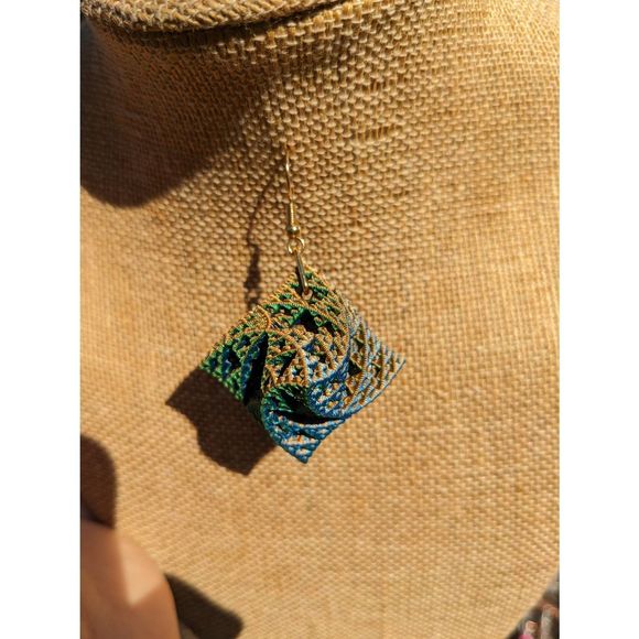 Color Changing Blue-Green-Orange 3D Printed Warped Sierpinski Octahedron Earring - Picture 8 of 8